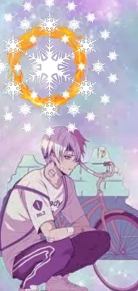 This phone live wallpaper features an anime-style drawing of a man sitting on top of a bike while a snowflake hovers beside him