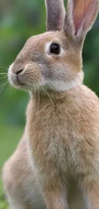 This phone live wallpaper features a brown rabbit on top of a lush green field with colorful flowers and small bushes