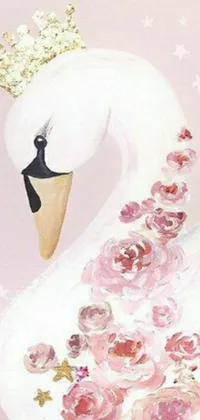 This live phone wallpaper features a stunning painting of a swan adorned with a crown, swimming amidst a rose garden