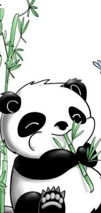 This phone live wallpaper features a digital rendering of a playful panda bear sitting in front of a bamboo tree
