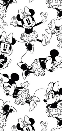 This phone live wallpaper features iconic Disney characters, Mickey Mouse and Pluto, presented in a monochromatic, black and white seamless design