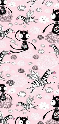 This lively phone wallpaper boasts a captivating pattern of cats and zebras in a fun cartoon style