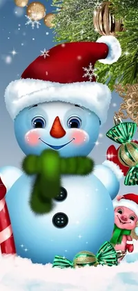 Looking for a festive live wallpaper for your phone? Check out this adorable digital art featuring a snowman wearing a Santa hat and holding a candy cane