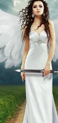 This stunning live wallpaper features a strong, angelic woman dressed in white and brandishing a sword
