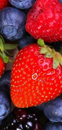This phone live wallpaper features a stunning pile of strawberries, raspberries, and blueberries that are sure to brighten up any phone screen