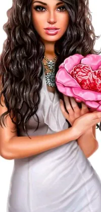 This phone live wallpaper features a detailed digital rendering of a woman in a white dress holding a pink flower