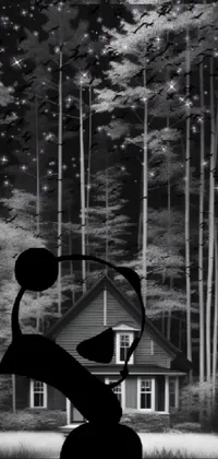 This live wallpaper features a stunning black and white photo of an old house located in a wooded area