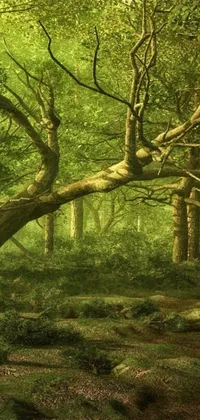 This phone live wallpaper showcases a detailed and lush digital painting of a large tree situated in the heart of a forest