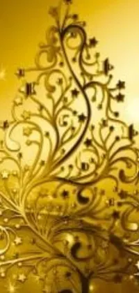 This stunning live phone wallpaper displays a golden Christmas tree on a luxurious gold background