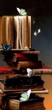 Looking for a unique and captivating live wallpaper for your phone? Check out this surrealistic painting featuring a stack of books, bright butterflies, and wriggling worms
