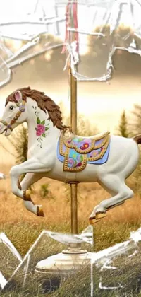 This live wallpaper showcases a beautiful white horse standing in a lush green field, surrounded by an intricate and colorful arabesque pattern