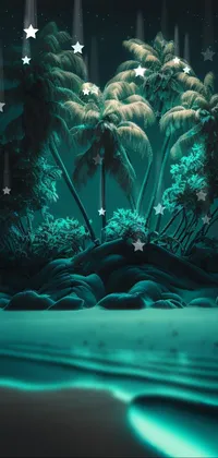 This live wallpaper for phones depicts beautiful palm trees on a sandy beach at night