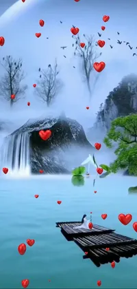 This breathtaking live wallpaper showcases two birds flying over a serene body of water with a stunning waterfall in the backdrop
