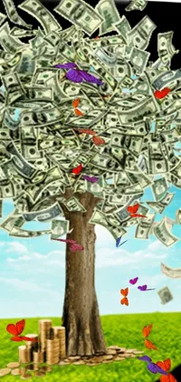 This stunning phone live wallpaper features a digital rendering of a majestic tree with an abundance of money flowing out of its branches, symbolizing wealth and prosperity