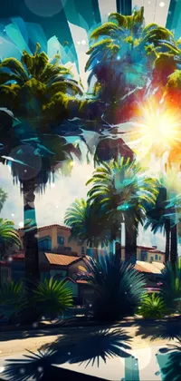 This phone live wallpaper showcases a breathtaking digital art illustration of palm trees overlooking a quiet street in southern California