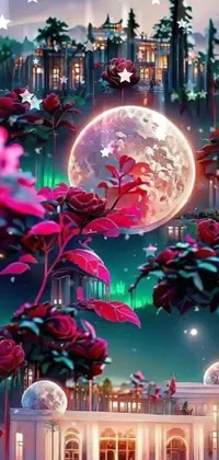 This phone live wallpaper showcases a digital art-inspired image of a stately building with a full moon in the background