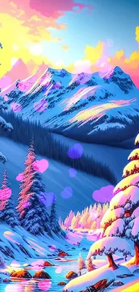 Discover a stunning snowy mountain landscape on your phone screen with this digital art live wallpaper