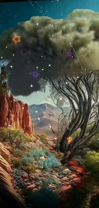 This phone live wallpaper showcases a serene desert with a tree of life inside a floating ball, surrounded by detailed trees and cliffs