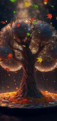 This mobile live wallpaper features a hyper-realistic fall tree with a plethora of colorful leaves designed in a traditional art style