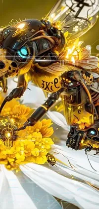 Enhance the look and feel of your phone with this stunning cyberpunk live wallpaper depicting a detailed and intricate yellow mechanical bee perched on a flower