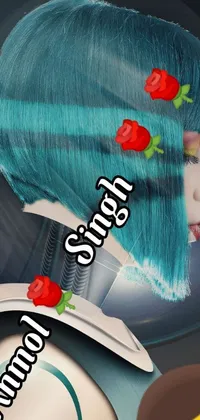 Get access to an alluring phone live wallpaper featuring a woman with striking blue hair embellished by a red rose fully inspired by digital art