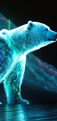 This phone live wallpaper depicts a stunning digital rendering of a white bear standing on a wooden floor set against a background of neon-colored bioluminescence
