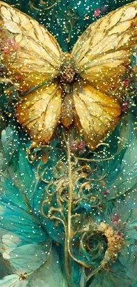 This phone live wallpaper features a stunning painting of a butterfly resting on a flower with golden and turquoise wings