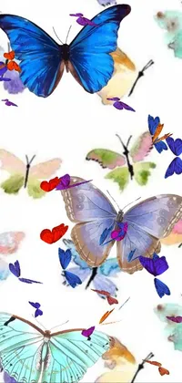 This phone live wallpaper features a stunning pattern of watercolor butterflies on a white background, crafted with a mix of bright and pastel colors