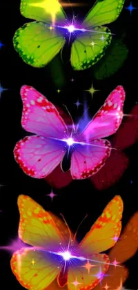This phone live wallpaper showcases a stunning photograph of four butterflies in vibrant pink and green hues set against a sleek black background