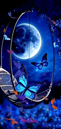This mesmerizing phone live wallpaper displays a fluttering butterfly resting on a swing against a striking full moon backdrop