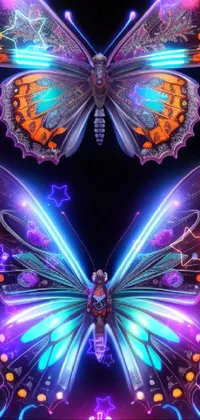 This stunning phone live wallpaper depicts a symmetrical digital artwork of two butterflies atop each other, with neon edges at the bottom of their bodies and a bright glow on some of their parts