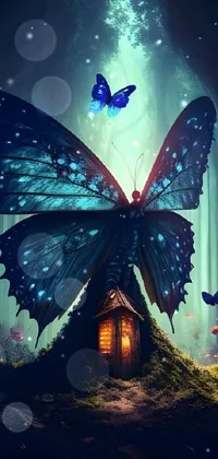 This live wallpaper features a beautiful butterfly house in a lush forest