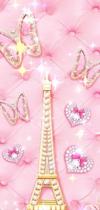 Adorn your phone with the stunning Eiffel Tower live wallpaper featuring a grand tower surrounded by pink roses, Rococo designs, and heavenly pink hues