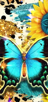 This phone live wallpaper features a stunning blue butterfly sitting atop a bed of sunflowers, complete with vibrant, psychedelic art details in turquoise and gold