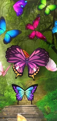 Enjoy the mesmerizing beauty of a forest filled with colorful butterflies as your live phone wallpaper