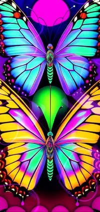 This live wallpaper features a vibrant digital art of a colorful butterfly on a flower