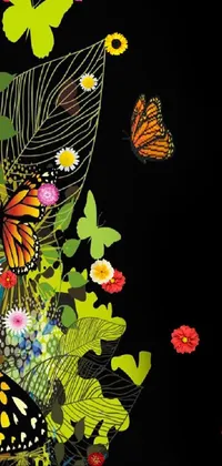 This phone live wallpaper features a group of beautiful butterflies perched on a lush green field, rendered in intricate vector art