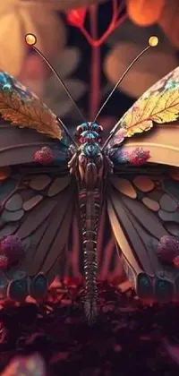 This stunning live wallpaper features a highly-detailed digital art design of a butterfly perched on a flower in an autumn setting