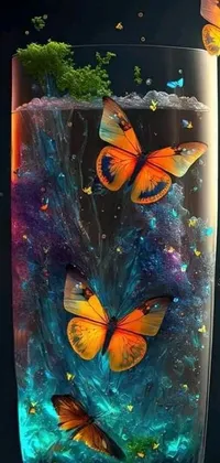 This phone live wallpaper showcases a dazzling visual with a liquid-filled glass and fluttering butterflies