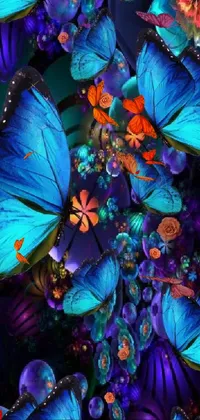 This live wallpaper showcases a bunch of blue butterflies in stunning close-up detail