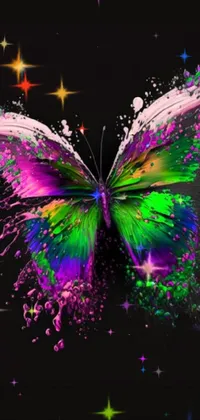 Add a burst of color and life to your phone with this stunning live wallpaper! The design features a vibrant butterfly set against a sleek black background, with vibrant purple and green hues creating a beautiful contrast