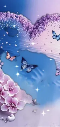 This stunning live wallpaper for your phone features a heart surrounded by elegant flowers and graceful butterflies, set against the calming backdrop of a serene ocean