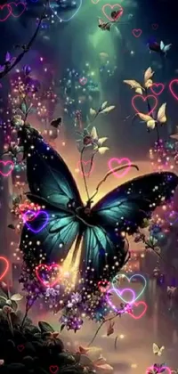 This phone live wallpaper features a stunning butterfly flying over a forest at night, with a beautiful array of colors