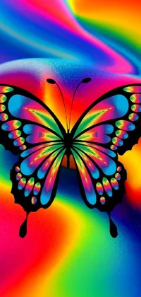 This stunning phone live wallpaper depicts a vibrant butterfly in striking close-up, set against a vivid and colorful background that mimics the look of an airbrush painting or reminiscent of psychedelic art