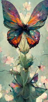 This vibrant phone live wallpaper showcases a beautiful painting of a butterfly perched on a flower, rendered in stunning art nouveau style