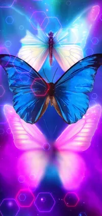 This stunning live wallpaper features two elegant butterflies soaring through a beautiful sky filled with stars, planets, and neon colors
