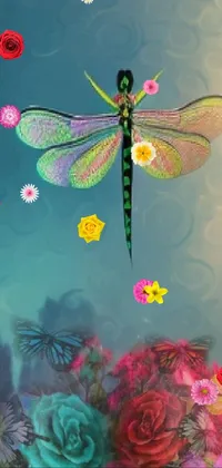 Get mesmerized by this dragonfly live wallpaper for mobile phones! Featuring an iridescent green and pink dragonfly flying over a vibrant bunch of flowers, this digital rendering from an inspired design has 3/4 view from below perspective