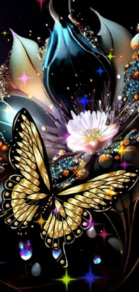 This phone live wallpaper showcases a beautiful digital artwork of a butterfly perched on a flower