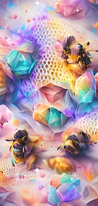 This live wallpaper showcases a group of bees swarming atop a multitude of colorful flowers