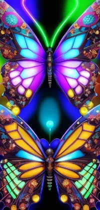 This phone live wallpaper features a stunning close-up of a colorful butterfly on a black background